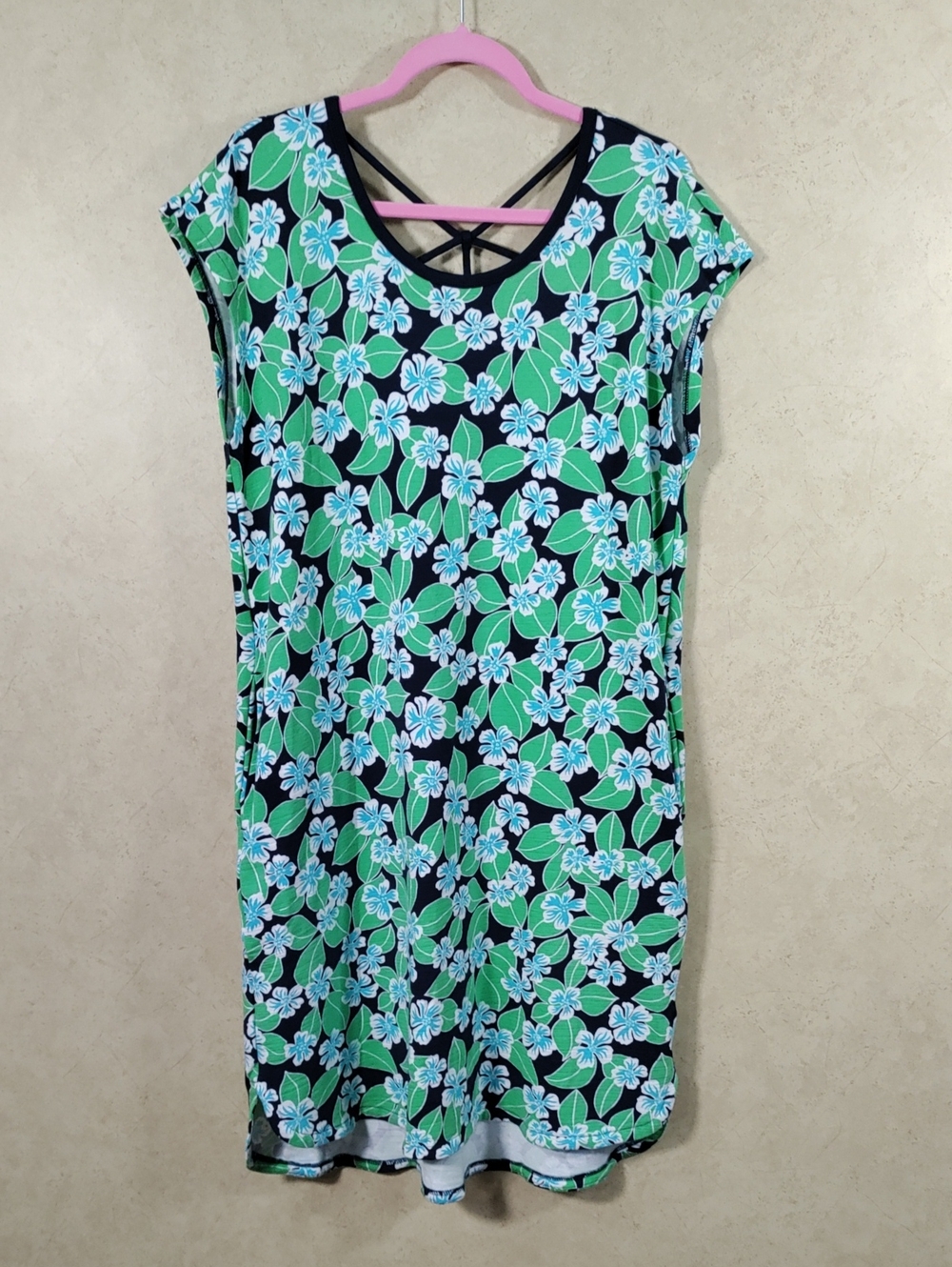 G080 T by Talbots green, blue & aqua floral knit cap sleeve dress PL